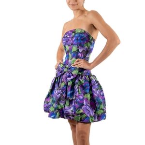 Vintage Y2k 80s 90s Strapless Dress Taffeta Bubble Skirt Floral Prom  Women's 6